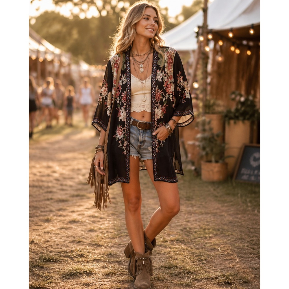 Flying Tomato Floral Kimono Open Front Womens Small Black Bohemian Festival